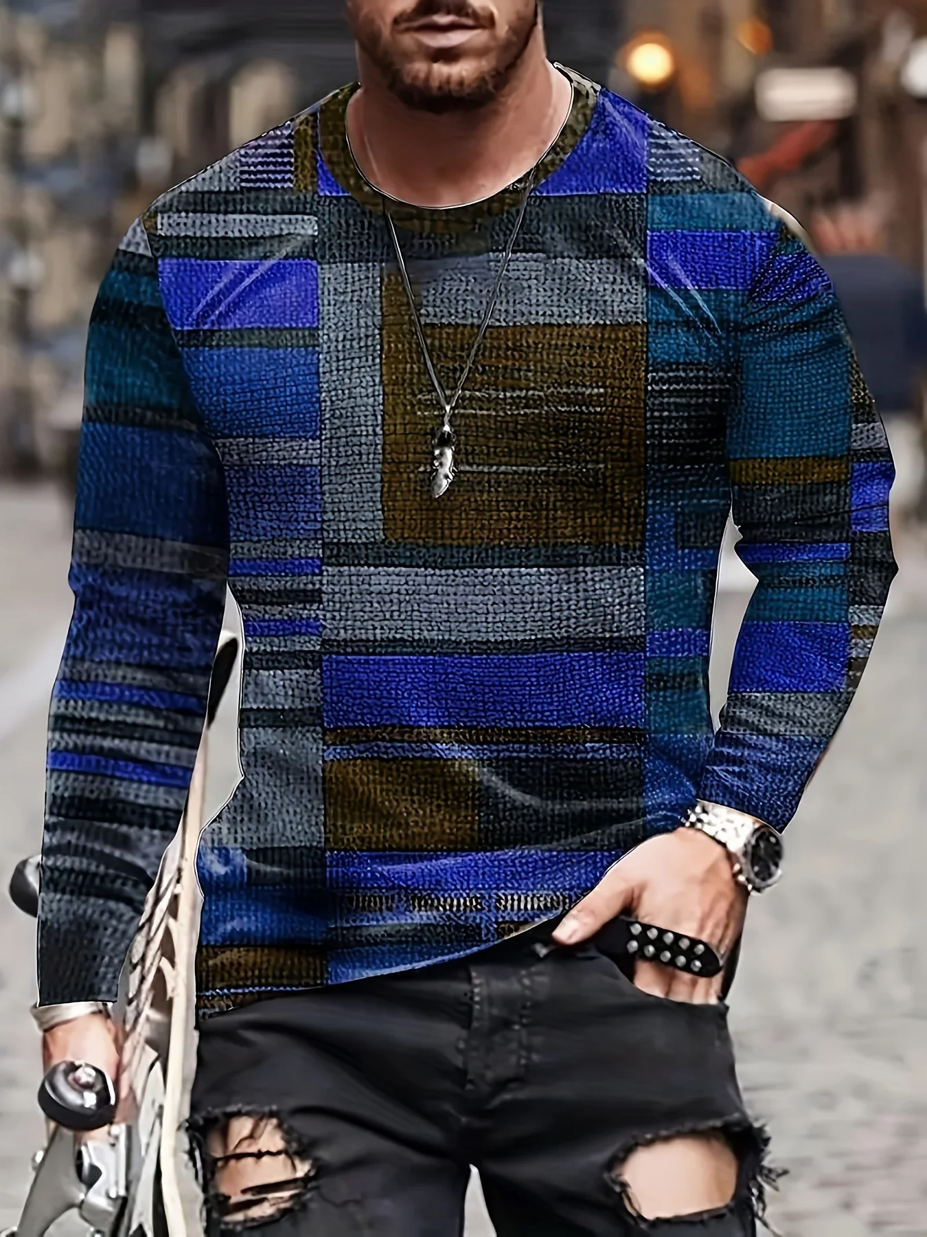 Men\'s Colorful Irregular Plaid Pattern Round Neck Long-sleeved T-shirt Spring And Autumn Outdoor Sports Tops