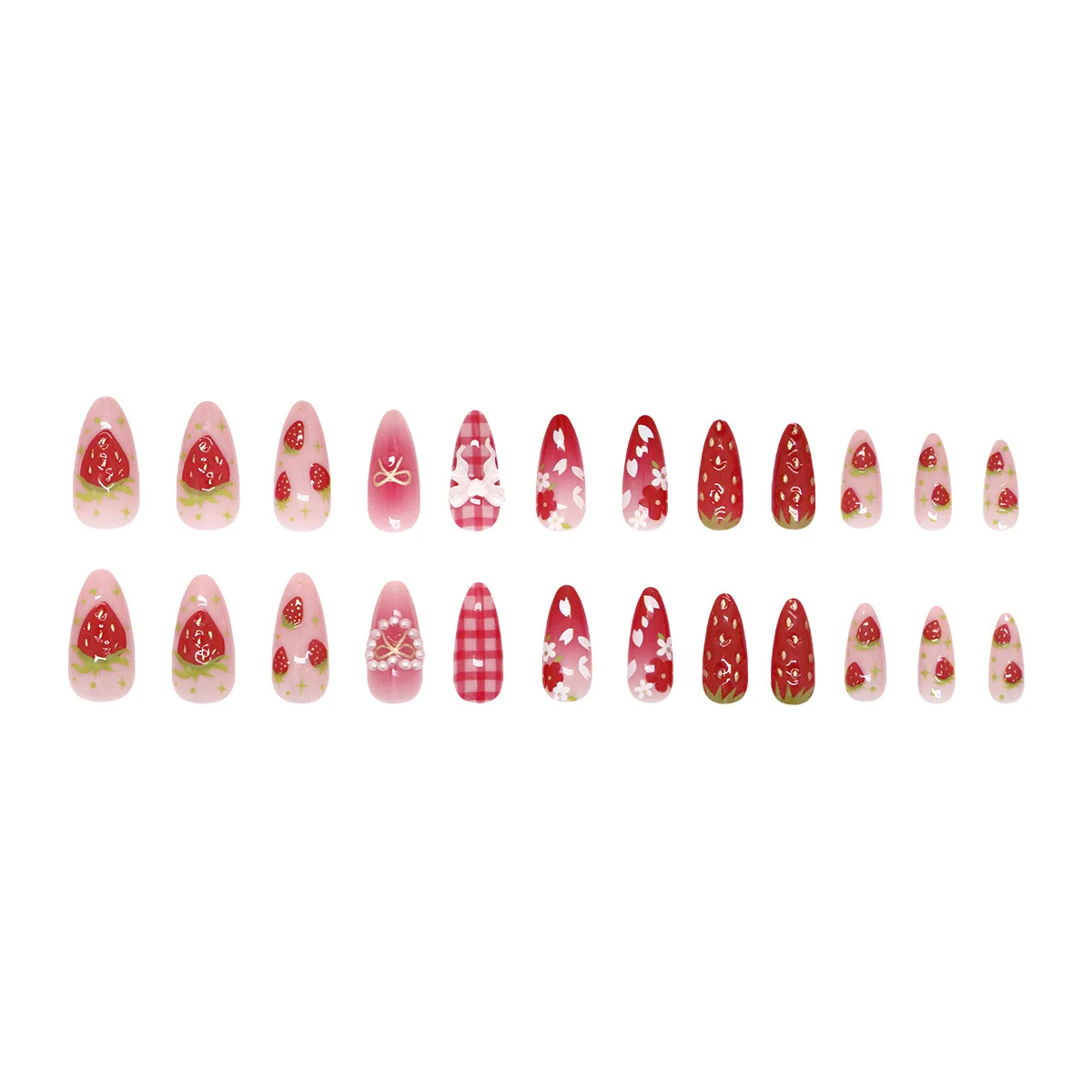 24pcs Sweet Red Strawberry Press on Nails 3D Pink Bow Design False Nails Wearable Detachable Ins Simple Almond Fake Nail Tips