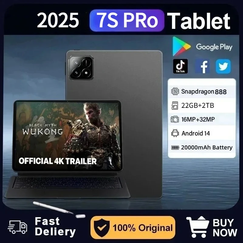 

2025 Original Pad 7s Pro Tablet 10,1 дюймов HD 22 ГБ + 2 ТБ 20000 мАч 5G Dual SIM WIFI Global Version Android Tablets Вкладка для детского ПК