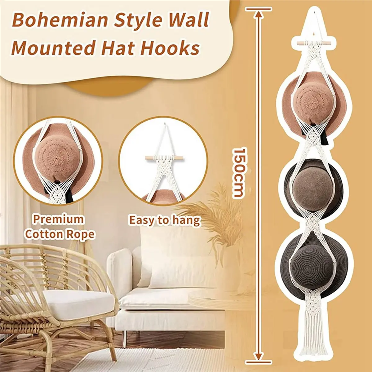 a06k-マクラメハットラック-ハンガーウォールディスプレイ用、ボヘミアンハットホルダー-オーガナイザー収納用装飾ワイドブリムキャップ-4個パック