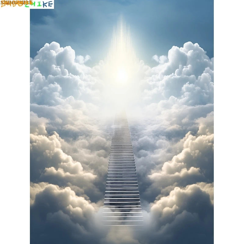 

Radiant Sun Rays Staircase Vivid Rainbow Blue Sky Photography Backdrops White Clouds Stairway Heaven Path Photo Background TK-02