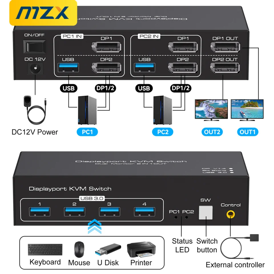 MZX KVM Switch 2 Dual Monitors DP HDMI-Compatible 8K@60Hz 4K@120Hz 2x2 USB 3.0 Hub Switcher 2 in 2 out PC Computer Accessories