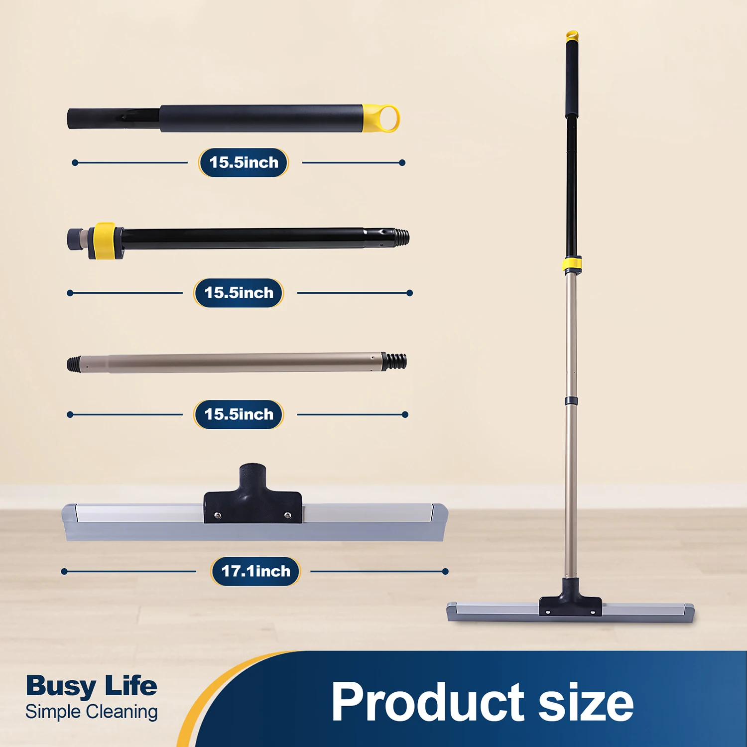 Floor Squeegee Scrubber Broom Rubber TPR Blade Telescopic Pole Heavy Duty Household Broom for Bathroom Pet Hair Removal Cleaning