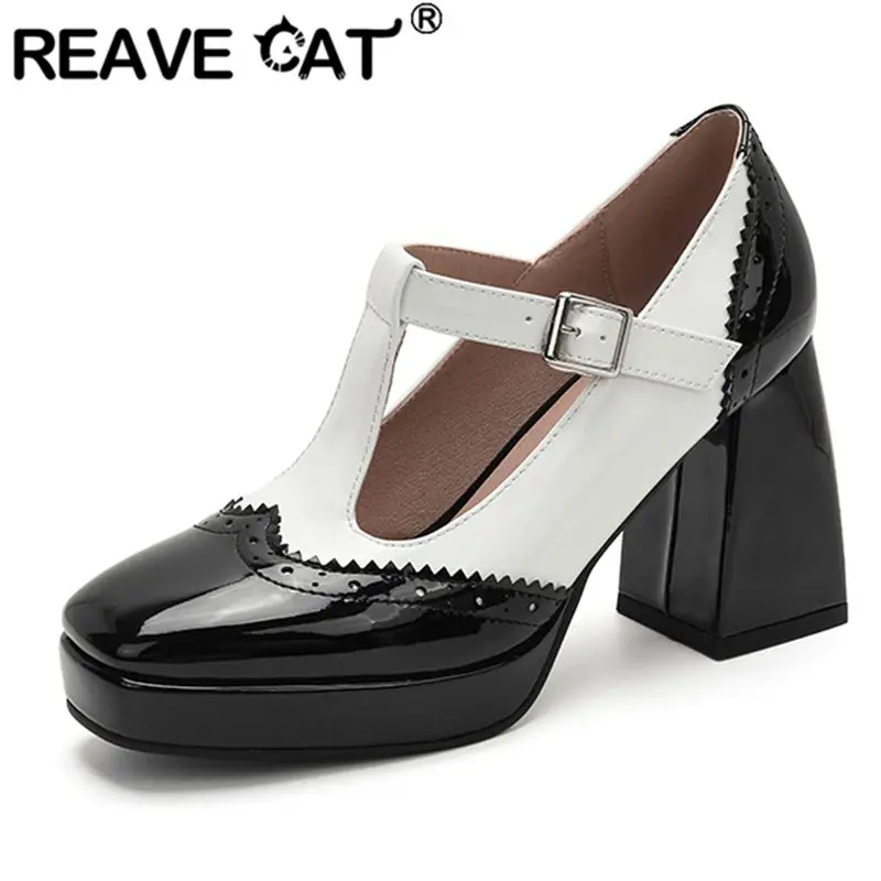 

Женские туфли REAVE CAT желтые, с квадратным носком, на каблуке 9 см, с Т-образным ремешком и пряжкой, на платформе, разноцветные, большие размеры 41, 42, 43, модель Мэри Джейн