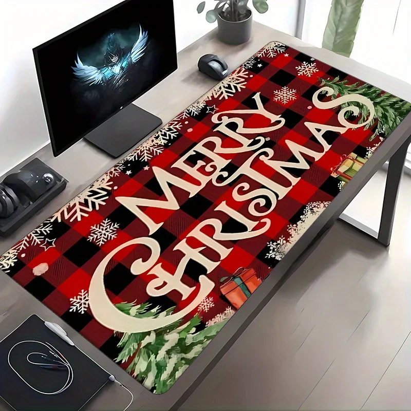 Merry Christmas Plaid Mouse Pad Extra Large Rubber Desk Mat Non-Slip Gaming Office