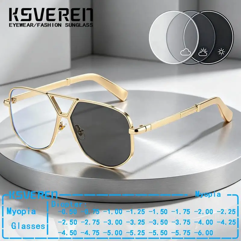 

Retro Metal Pilot Clear Lens Sun Discolor Myopia Glasses Men Women Double Bridge Large Frame Photochromic Prescription Eyewear