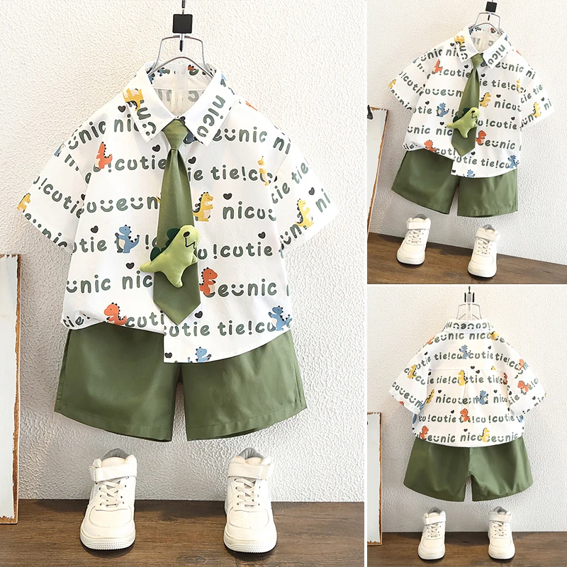 男の子用サマーシャツネクタイセット漫画柄半袖おしゃれキッズ服カジュアルスポーツウェアティーンエイジャー向け五分丈パンツ