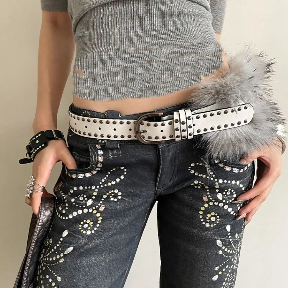 

Personality Rivet Leather Fur Belt Western Style Punk Y2K Waistband Retro Faux Fur Plush Belt Women