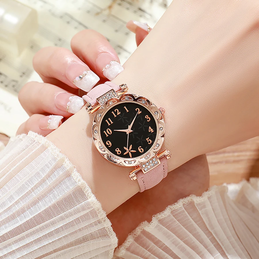 1pc/6pcs - Women's Watch Fashion Rhinestone Ladies Analog Quartz Watches Bracelet Set Girls Clock Gift