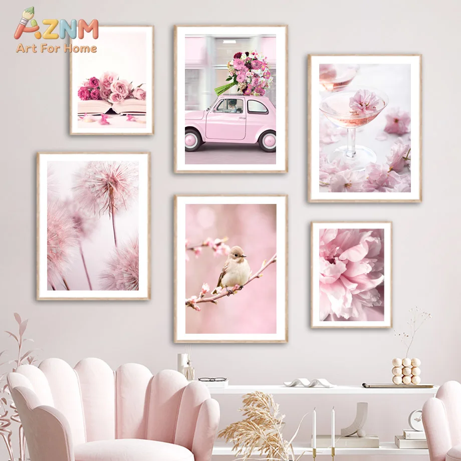AZNM Pink Floral Canvas Wall Art Print, Cherry Blossom Peony Dandelion Poster for Living Room Bedroom Decor, No Frame