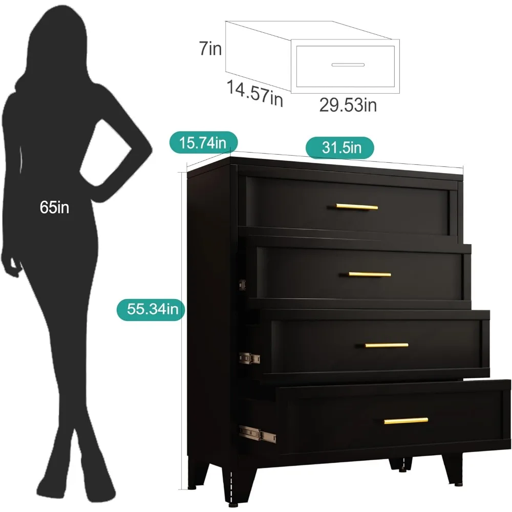 Tocador de dormitorio negro de 4 cajones, tocador de metal y gabinete con cajones, gabinete de almacenamiento alto 43,1, gabinete de almacenamiento grande