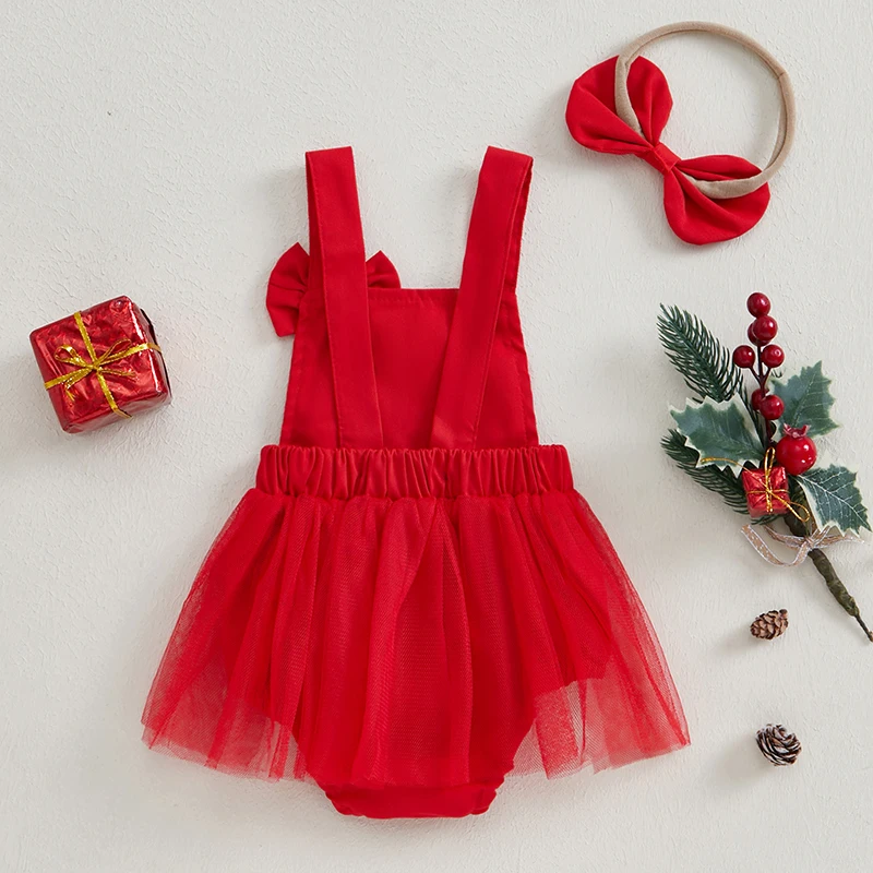 Baby Girl Christmas Outfit, Santa Claus Embroidery Sleeveless Patchwork Mesh Romper Dress Bow Headband 2 Piece Set