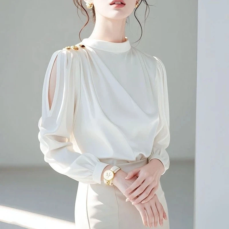 Elegant Hollow Out White Blouse Spring Autumn New Long Sleeve Solid Button Patchwork Fashion Blouse Temperament Women Clothing