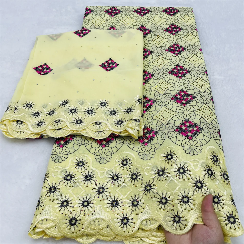 

5+2 ярда швейцарского вуалевого сухого кружева с вышивкой камнями, африканский стиль, 100% хлопок, желтый, в дубайском стиле, для вечеринок, материал для платья 2026 M231-1