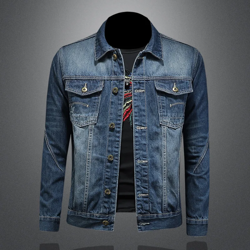 

High-quality, fashionable, stylish, versatile, trendy business dark blue retro, washable, simple denim jacket for men