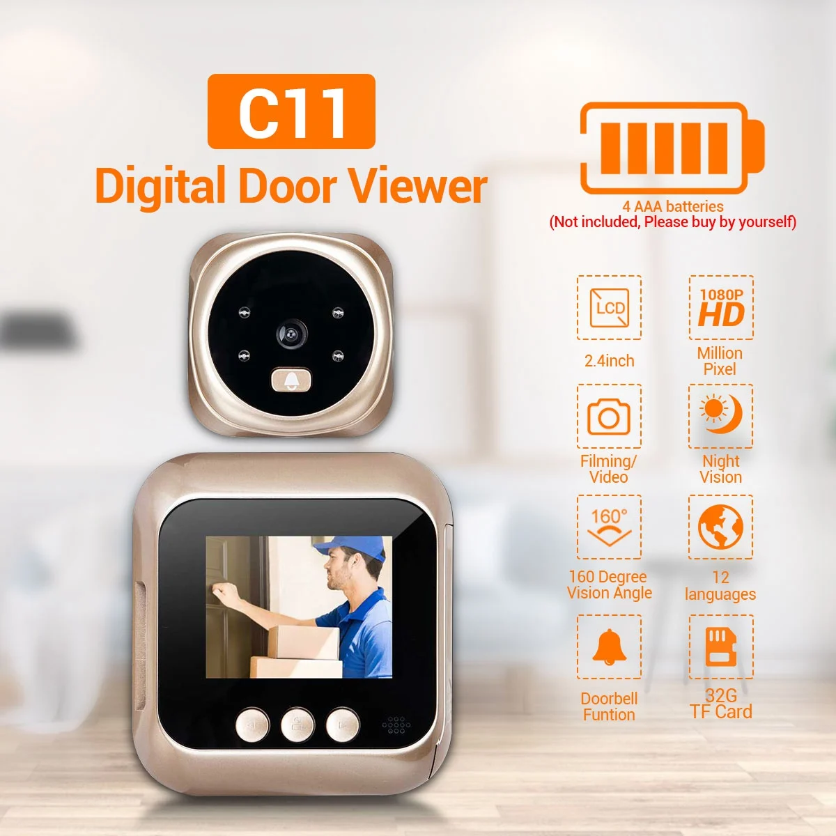 Doorbell Camera 1080P Home Smart Doorbell Security Door Peephole Camera with 2.4-Inch High-Definition Screen Display