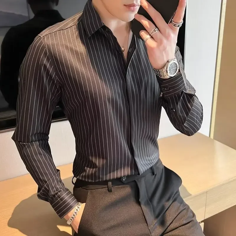 Korean Striped Business Casual Long Sleeved Shirt For Men Spring Autumn Fashion Slim Fit Elegant Social Men's Formal Shirt