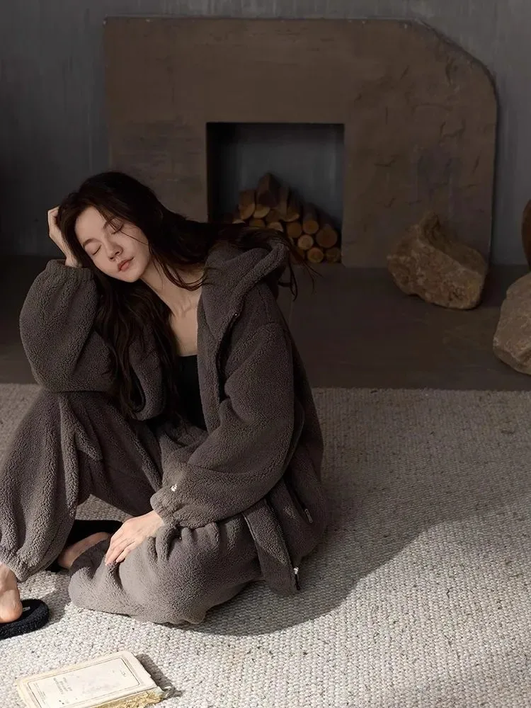 Plus Size Coral Fce Pyjama Set Met Capuchon Dames Winter Flanel Jaet Lange Broek Thuis Kleding Comfortabel Casual Recht Le...