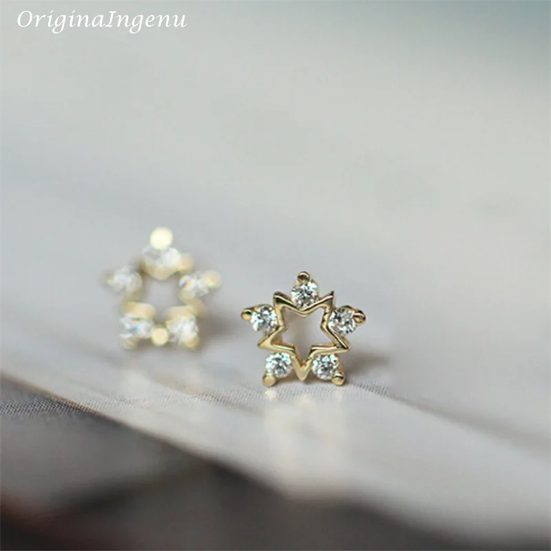 Solid 9K Gold Stars Earrings Dainty Flower Zircon Earrings Yellow Gold Fine Jewelry 9K Gold Hypoallergenic Women Jewelry