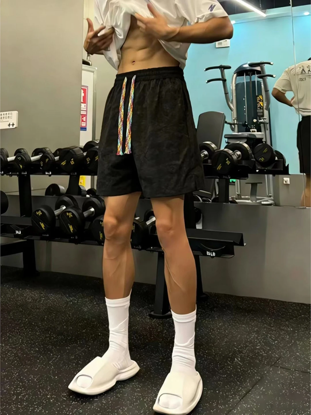 

American Style Knitted Tie Dye Fitness Shorts Men's Summer Loose Casual Five-Quarter Length Color Woven Drawstring Straight L...