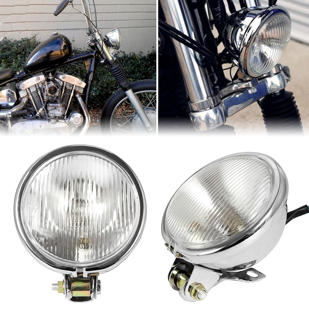 For Honda Harley Suzuki Kawasaki Retro Metal Universal Motorcycle Headlight Round with Holder Electroplate