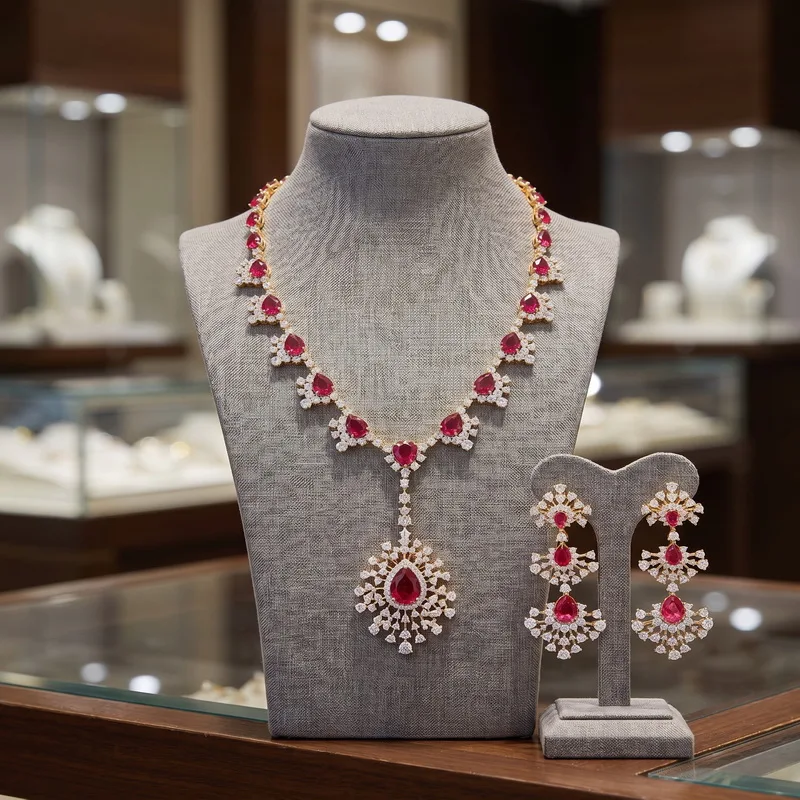 Europe America Style Earrings Necklace Women Lady Inlay Red Cubic Zircon Tassels Flower Pendant Party Jewelry Sets