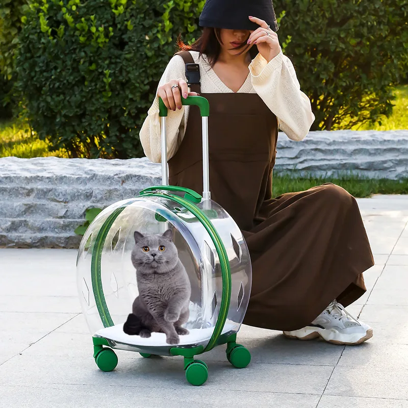 Portable Clear View Trolley Dog Cat House Wheeling Suitcase For Pet Travel Transparent Case Pet Carrier