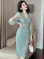 New Spring Autumn Lace Long Dress Women Ladies Clothes Elegant V-Neck See Through Slim Midi Gown Robe Femme Mujer Vestido Fiesta