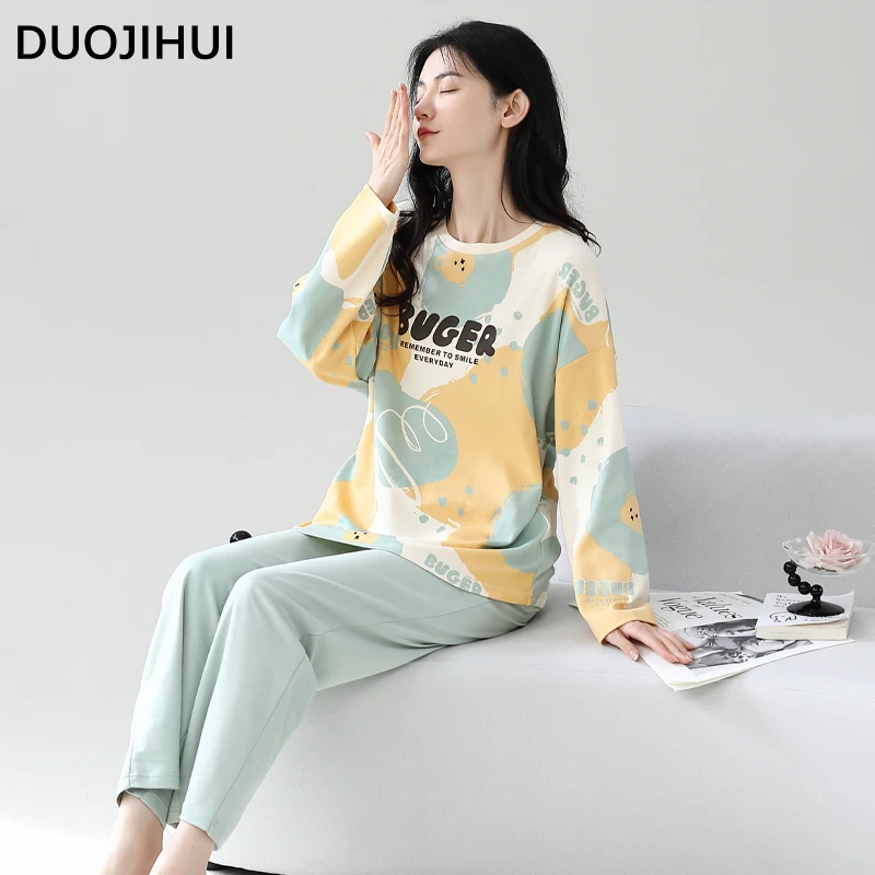 Duojihui Spell Kleur Herfst Nieuwe Dames Pyjama Set Klassieke O-hals Trui Basic Broek Losse Eenvoudige Mode Dames Nachtkleding Set