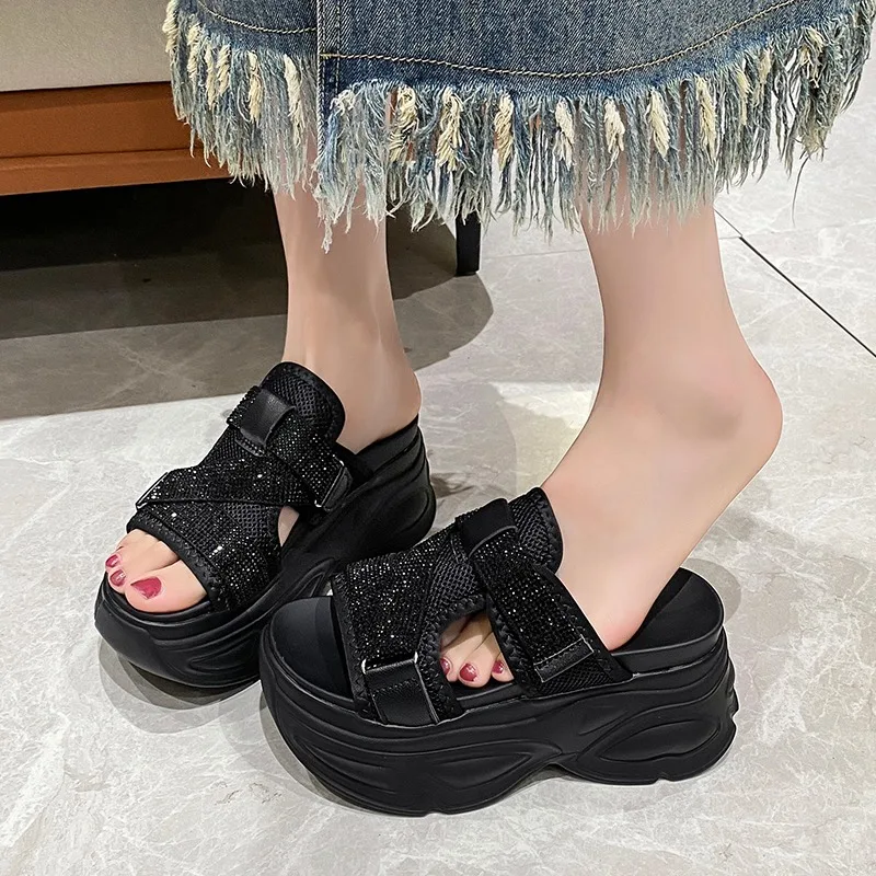 8.5cm Women Platform Slippers Air Mesh Chunky Sandals Beach Shoes Bling Wedge Heels Peep Toe Slides Ladies Outside Flip-Flops