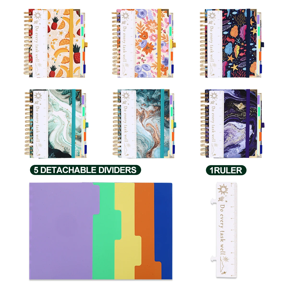 Luxury Gold Foil Hardback Notebook with Elastic Strap 300 Sheets Fluid Marble & Sea Life Spiral Journal for Students And Scrapbo
