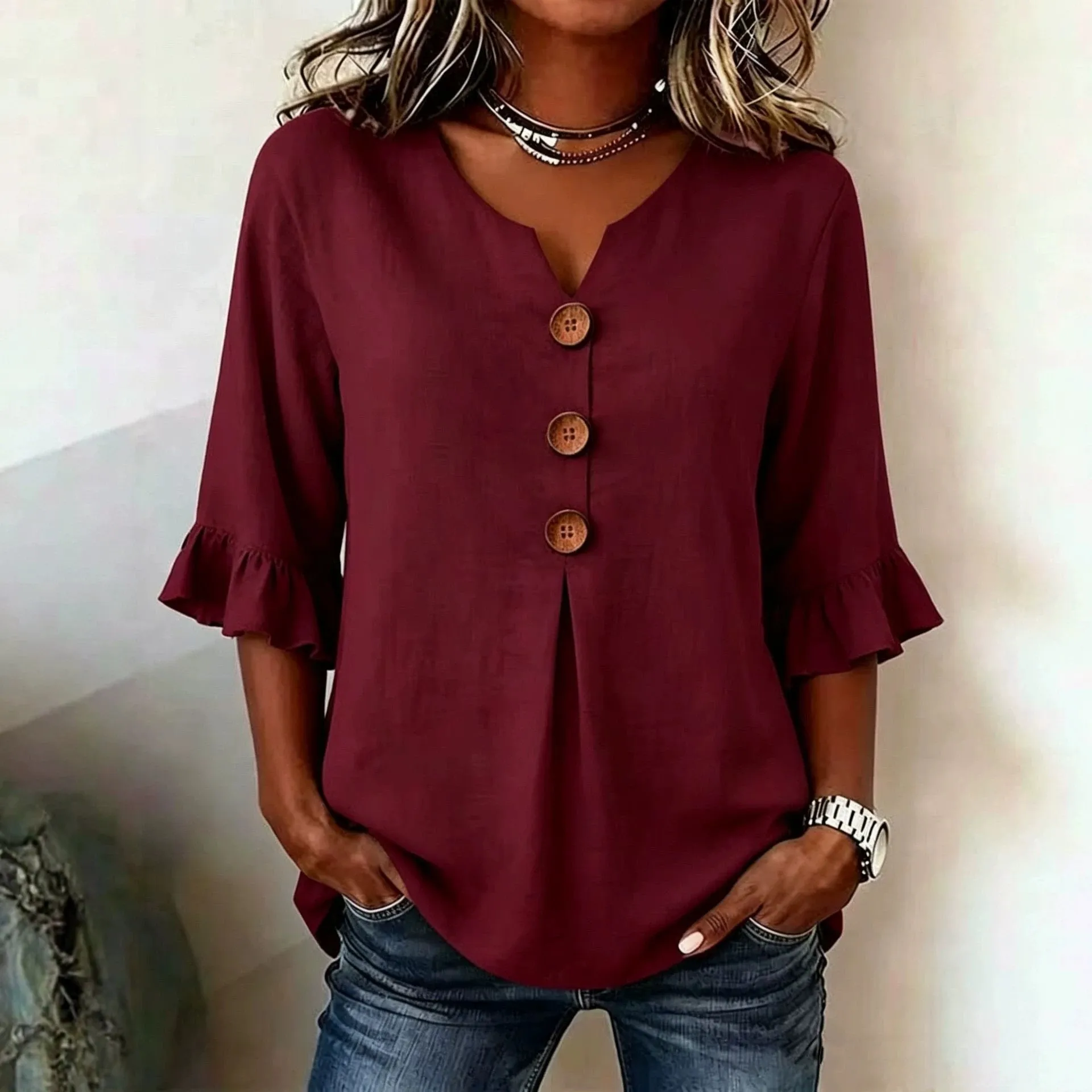 V Neck Button Front Blouse Regular Fit Casual with Short Sleeve Petal Sleeve Wrinkle Detail Pull on Regular Length Women Blouse 4