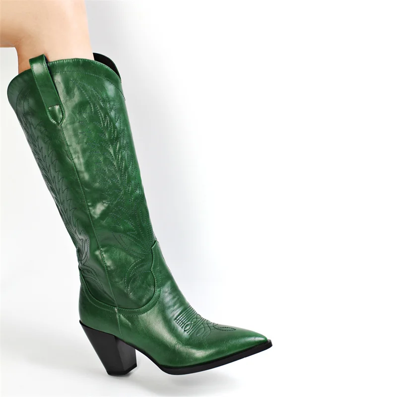 Onlymaker Women Green Knee High Boots Western Cowboy Boots Wide Calf Embroidered Pointed Toe Block Heel Pull-On Cowgirl Booties