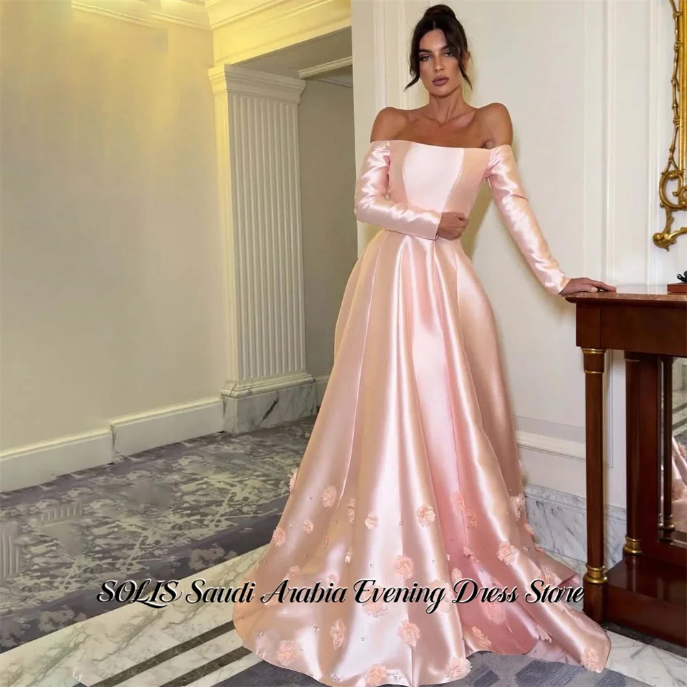 

SOLIS Pink Party Dress Off the Shoulder فساتين السهرة Long Sleeve Night Dresses Flowers Celebrity Dress Customized