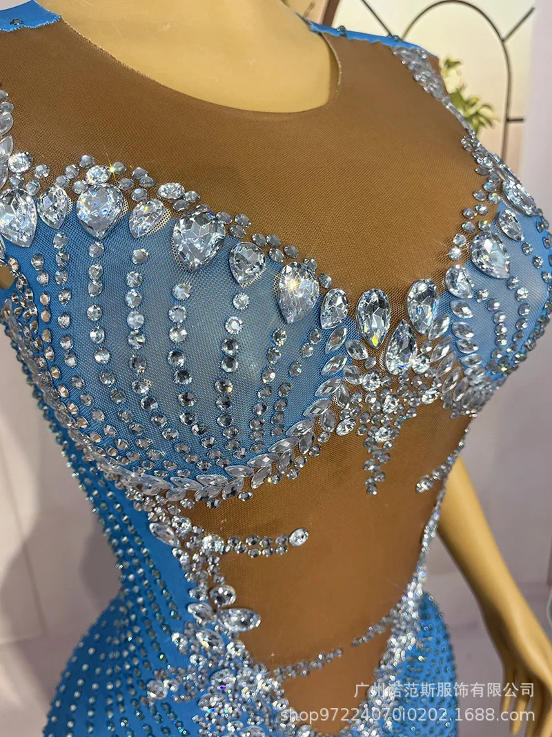 فاخر الأزرق حجر الراين حورية البحر الورك التفاف فستان حورية البحر الكبار نموذج المنصة الملابس العصرية شركة الاجتماع السنوي فستان رداء Fête #5