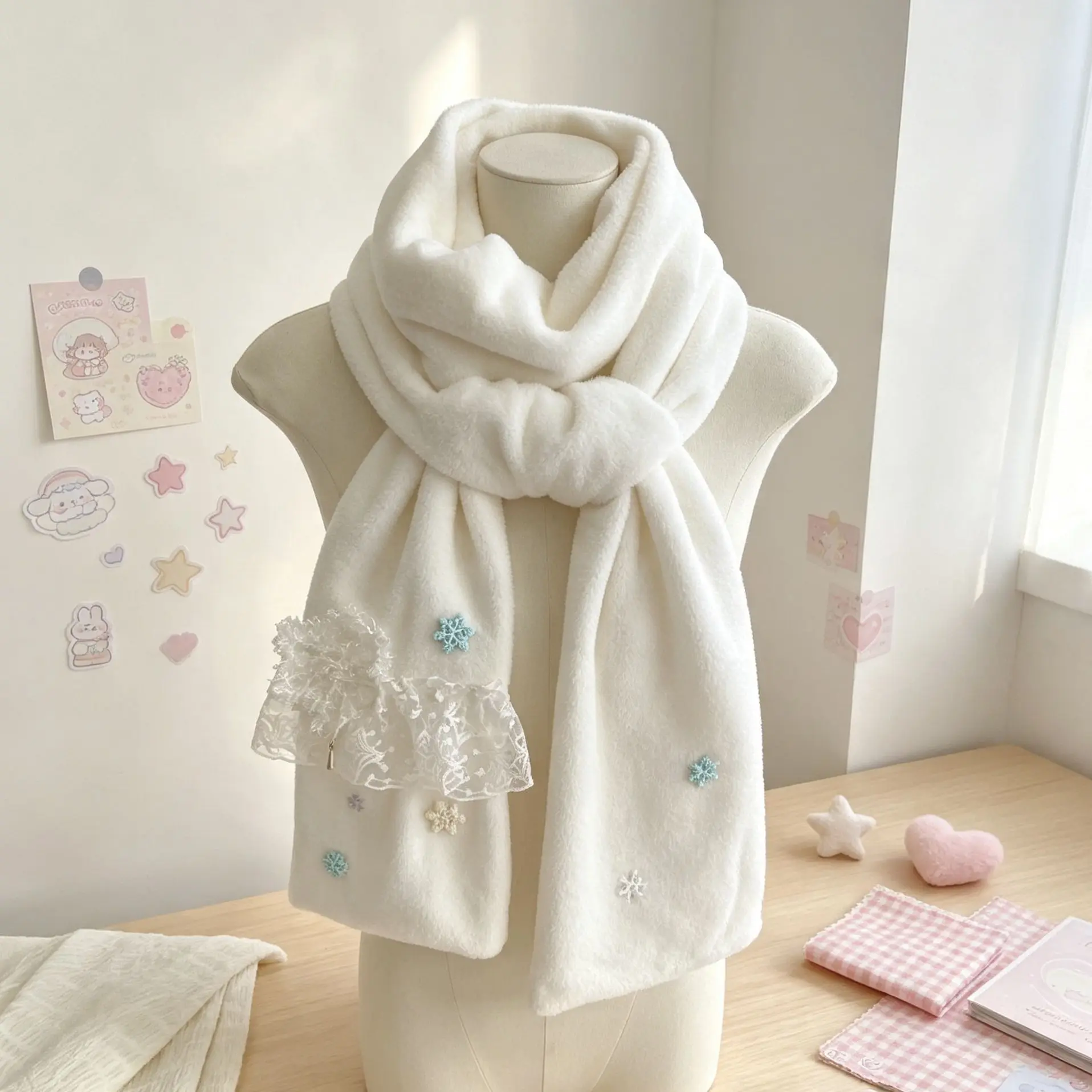 Cute Japanese Snowflake Plush Winter Girl Scarf Ear‑warm Lace Trim Trapper Hat Daily Outdoor Shopping Leg Warmers