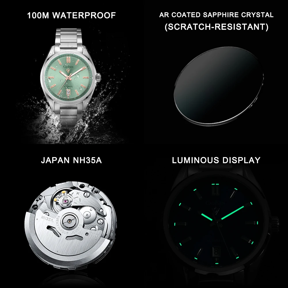 CADISEN New Luminous Men Automatic Mechanical Watches NH35 Sapphire Stainless Steel AR Coating 10Bar Clock Green Watch for Men