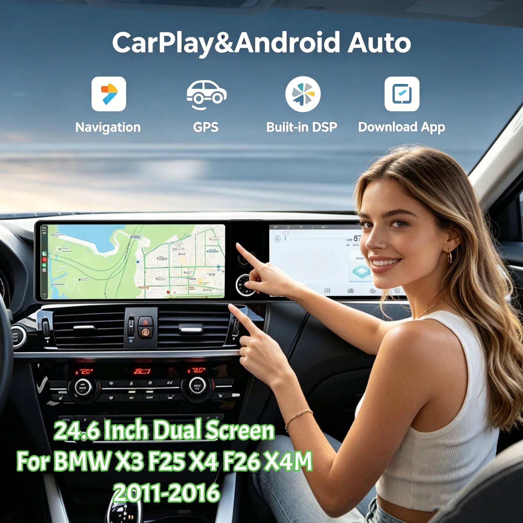 

Android Auto 24.6" For BMW X3 F25 X4 F26 X4M 2011-2016 Dual Screen Carplay Car Radio Stereo Multimedia Player GPS Navi Head Unit