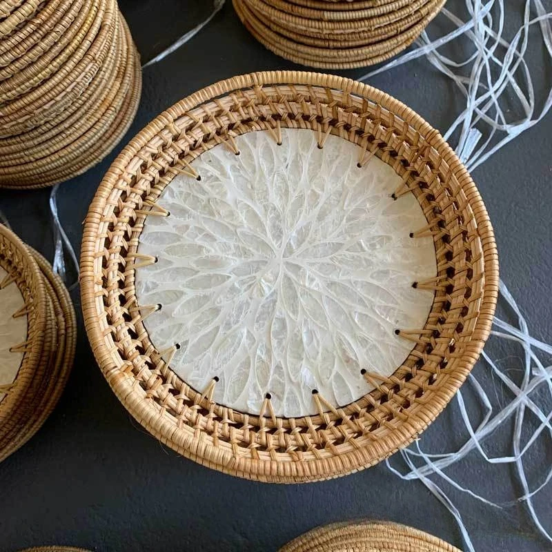 Hand‑woven Rattan Tray with Inlaid Shell Decorative Storage Plate for Snacks Tea Table Ornaments