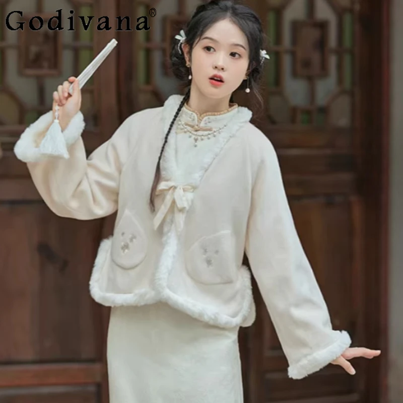 Autumn Winter New Retro Chinese Embroidered Woolen Long Sleeve Coat Girl Versatile Age-reducing Lace-up Daily Lolita Shawl Tops