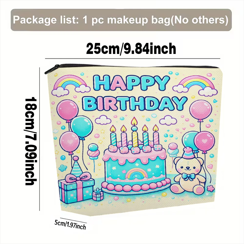 Happy Birthday Cake Balloons Bear Makeup Bags for Girls Cosmetic Pouch Toiletry Bag Pencil Case Travel Storage