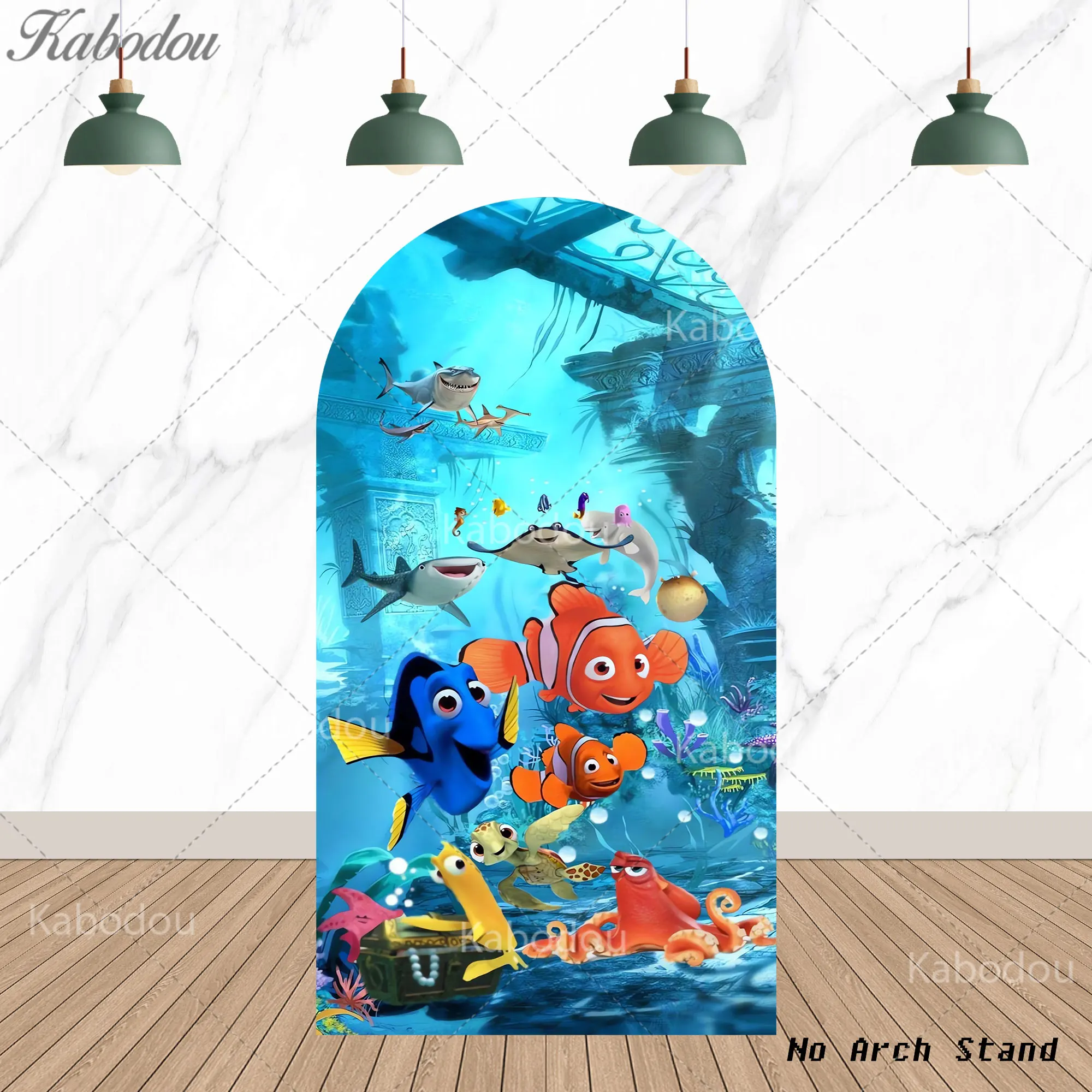 Fundo de Cenário Arco Temático Encontrando Nemo para 1º Aniversário Infantil, Chá de Bebê, Decoração de Festa Infantil, Fundo Azul para Fotos com Marlin, Bruce, Dory e Squirt