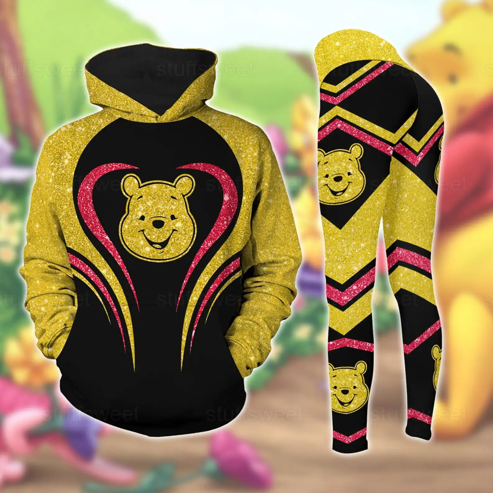 Disney Winnie the Pooh feminino 3D Hoodie Yoga Pants Set, perneiras personalizadas, moletom, terno esportivo, moda