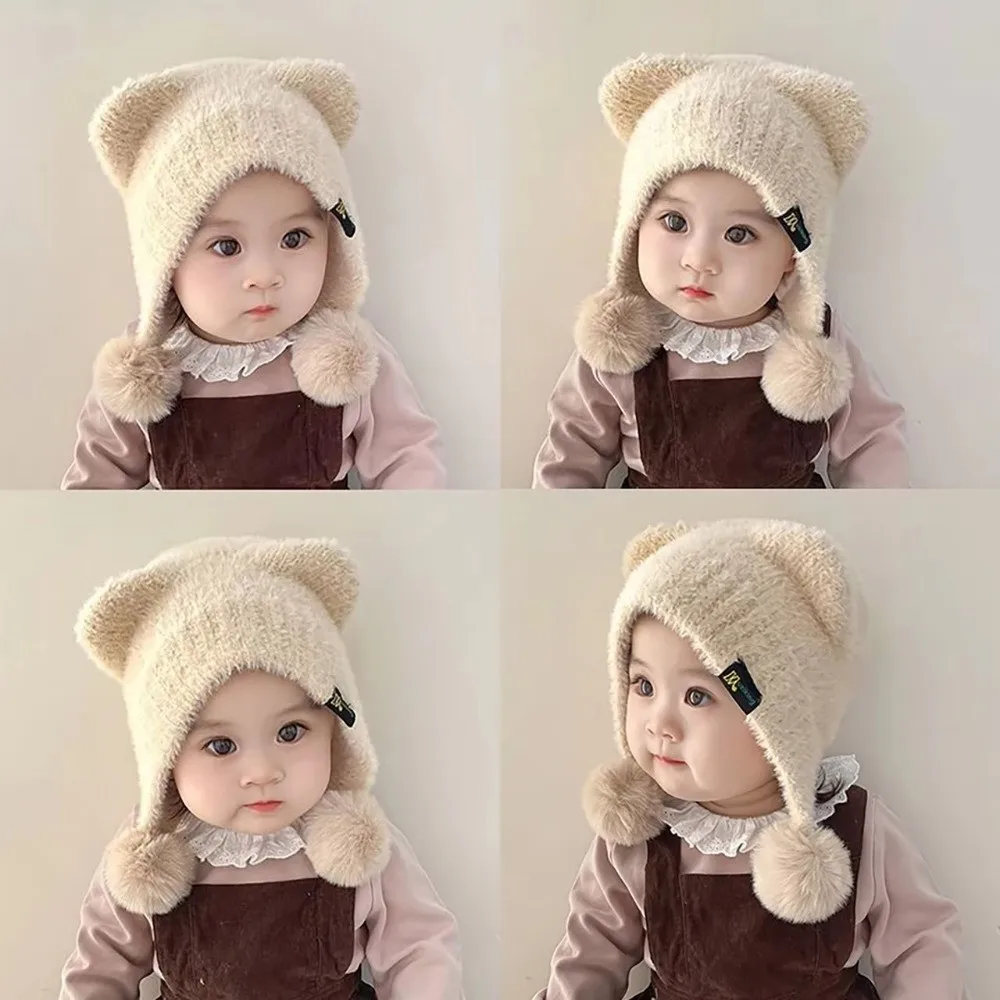 

Новые защитные шапки для ушей, теплая ветрозащитная вязаная шапка с мультяшным помпоном, детская шапка