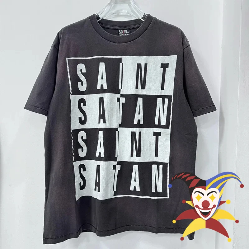 Checkerboard Letter Logo Print Saint T-Shirt Men Women High Quality Washed Black T Shirt Tee Tops