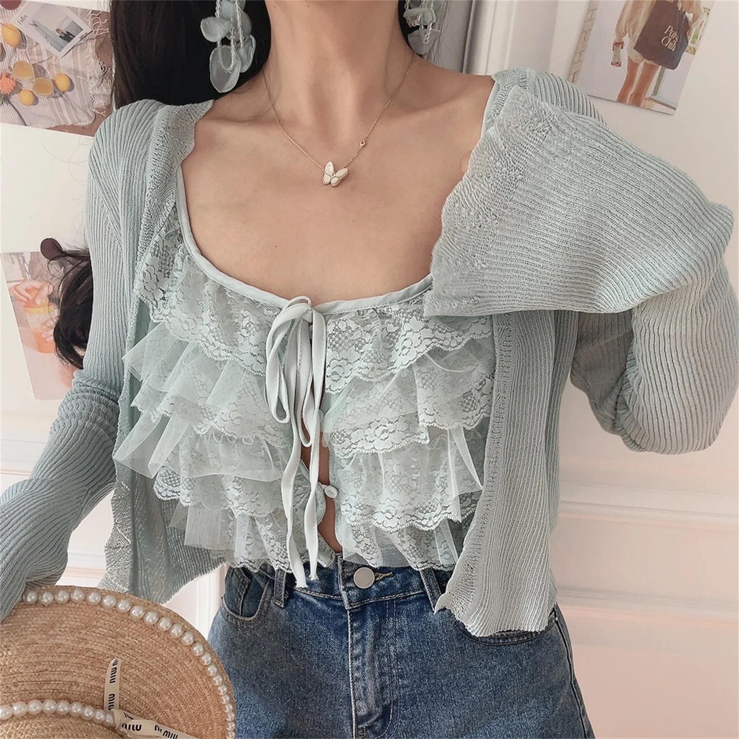 French Style Loose Fit Knitted Sun Protection Shirt Bell Sleeve Polyester Fiber Casual Simple Design Air Conditioning Sweater