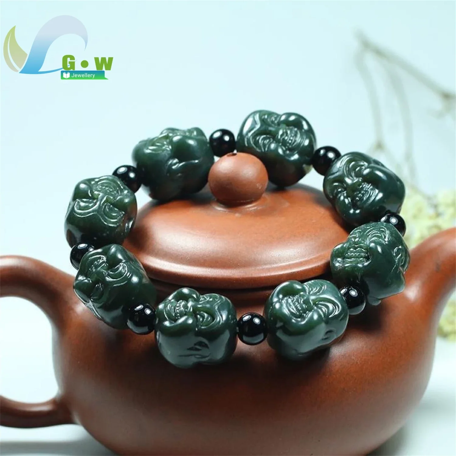 Natural Hetian Jade Bracelet Green Jade Walnut Carving Buddha Bead Men Adjustable Buddhist Jewelry Gift Handmade Spiritual Medit