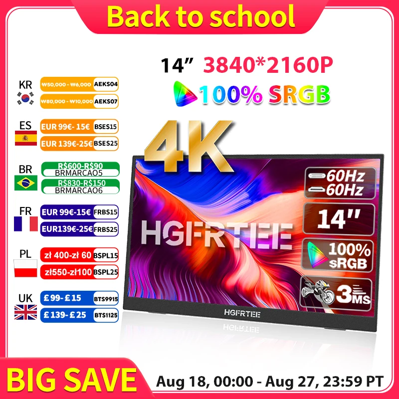 

HGFRTEE 14-дюймовый портативный монитор 4K 3840*2160 100%SRGB ADS-IPS расширенный дисплей с кронштейном для ПК, ноутбука, телефона, переключателя