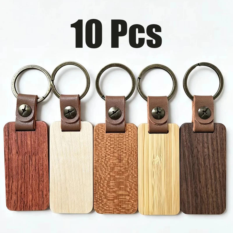 10Pcs Blank Wooden Keychain with Leather Strap, Rectangle Wood Key Tag