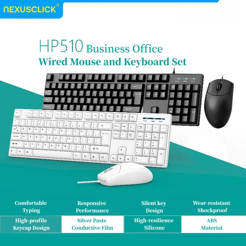 NexusClick Wired Office Keyboard Mouse Combo,Sturdy Ergonomic Low Price Universal Computer Accessory for Computer Home Classroom